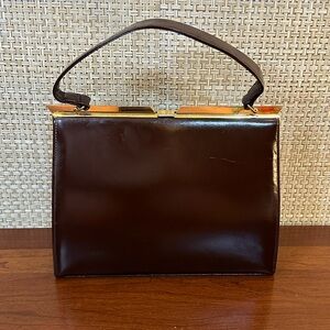 🌟HP🌟VTG 1950s Brown Leather Satchel Handbag Lift Clasp Suede Interior UK